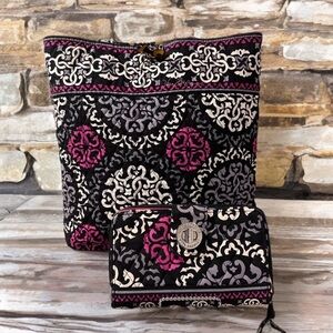 Vera Bradley Toggle Tote Bag Canterberry Magenta Pattern & Turnlock Wallet EUC